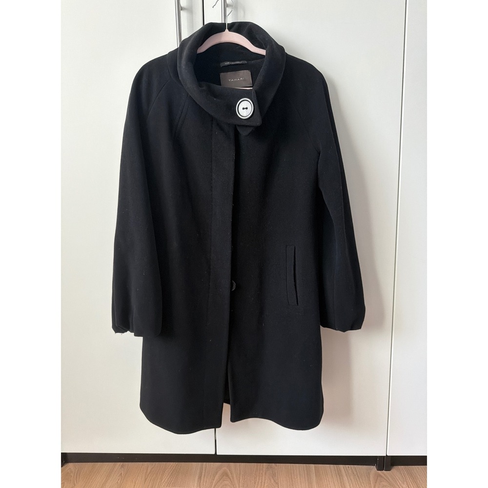Tahari Black Wool Cashmere Blend Funnel Neck Coat Mid Length Jacket Womens